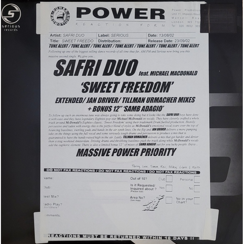Safri Duo Feat. Michael McDonald  Sweet Freedom 12 Single (Promo)